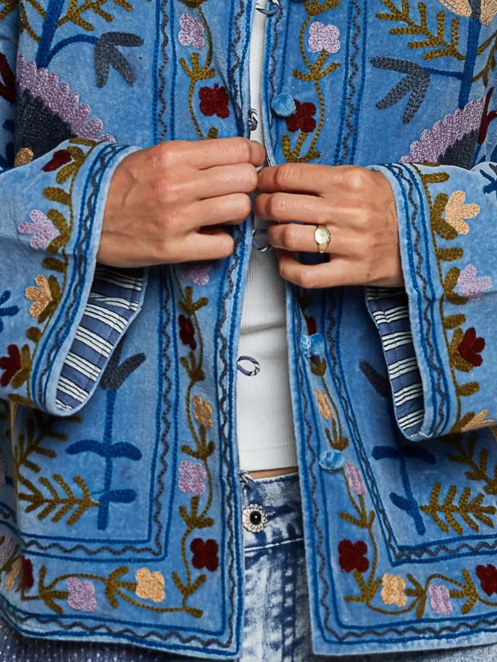 POL Denim Blue Cotton Velvet Embroidered Floral Suzani Jacket - Picture 6 of 6
